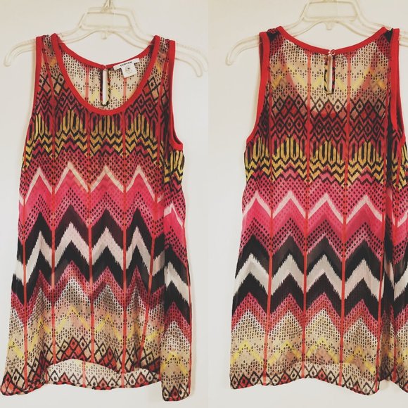 Vintage Carven Silk Chiffon Pink Print Knit Trim Long Sleeveless Top Oversized - Picture 1 of 12